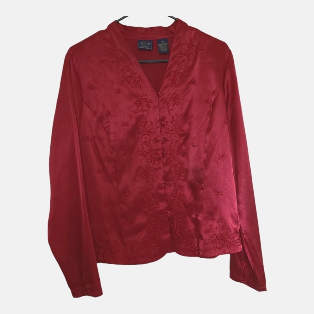 Laura Scott vintage Women's burgandy embroidered long sleeve button-up size 16